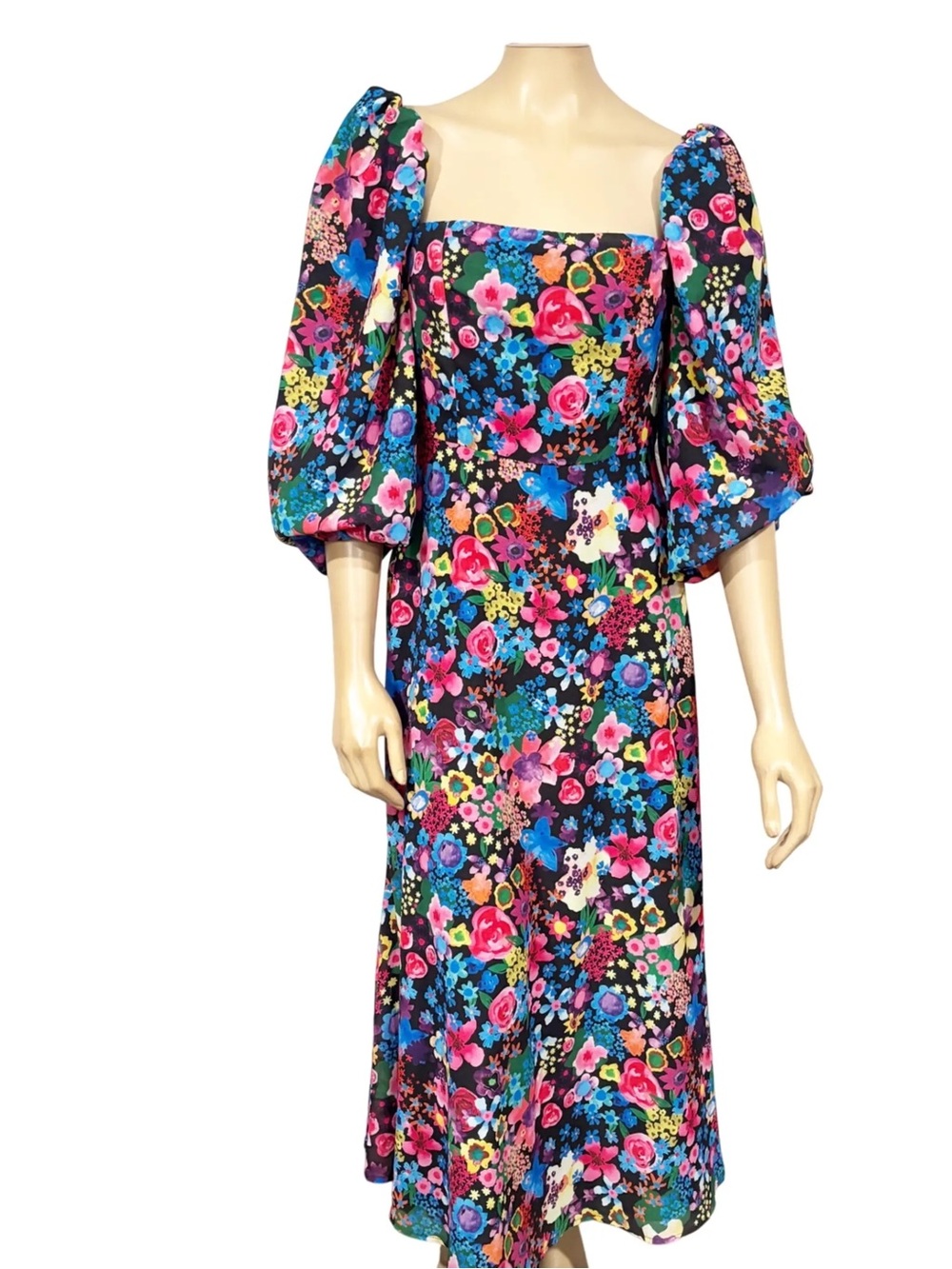 Nasty Gal Black Multi Floral Square-Neck Midi Dress with Puff Sleeves
